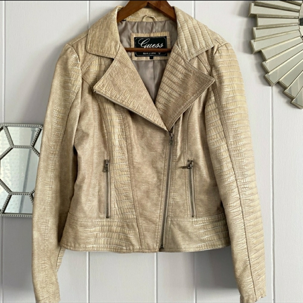 Guess Faux Leather Snake/Lizard Cream Moto Jacket